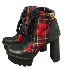 Women's Y2K Plaid Platform Ankle Boots Chunky Heel Lace-Up Size 7